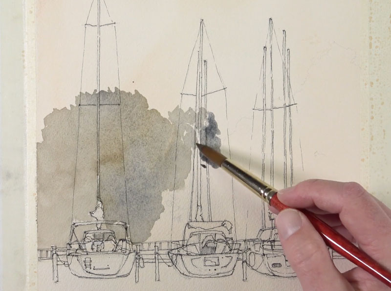 用水彩绘画遥远的树木