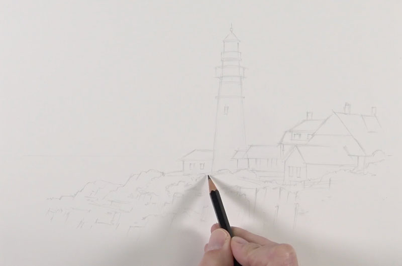 石墨草图之前应用墨水和水彩画