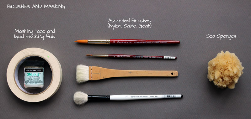 水彩画笔、胶带、掩蔽流体和海海绵