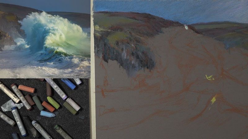 画天空,远处的群山和彩笔