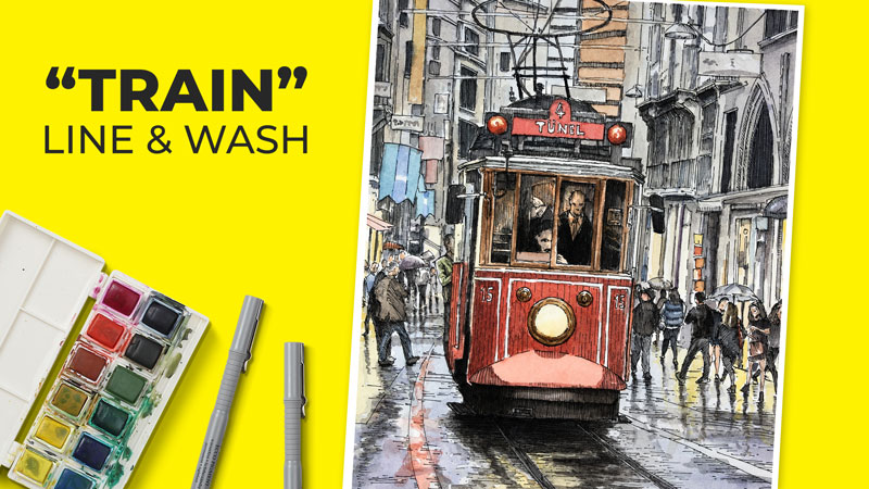 火车水彩,墨水